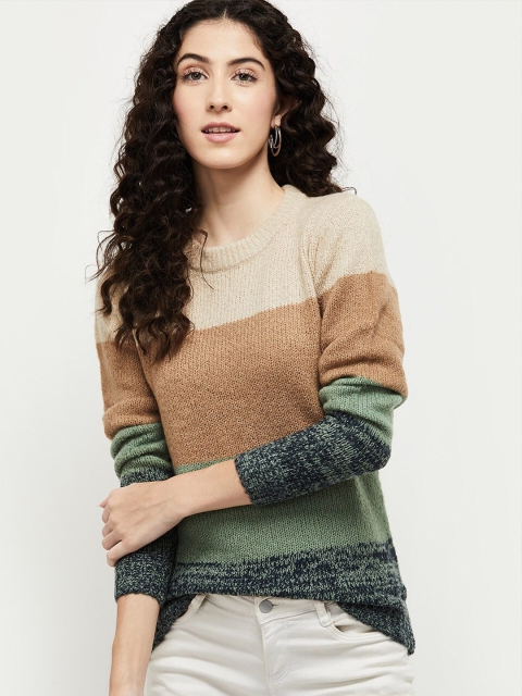 

max Women Beige & Brown Knitted Colourblocked Pullover