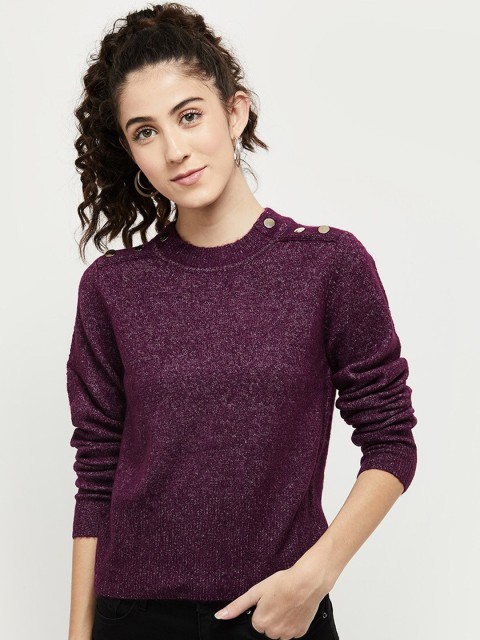 

max Women Purple & Silver-Toned Solid Pullover with Fuzzy Detail