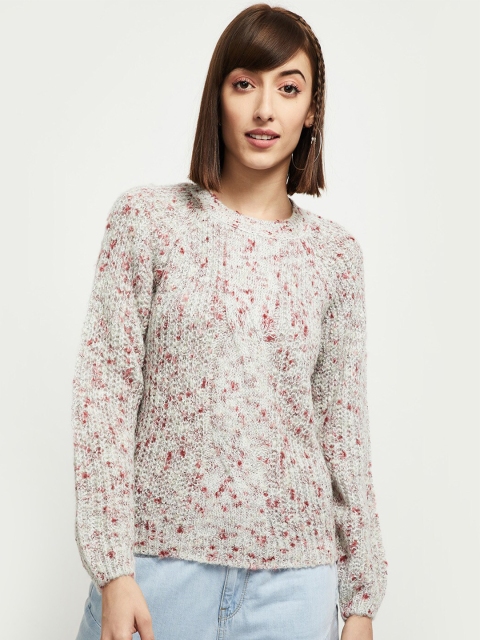 

max Women Grey & Red Open-Knitted Cardigan