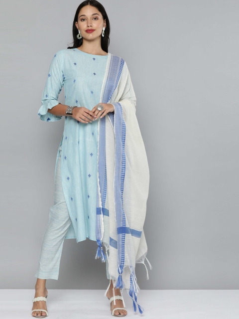 

Kvsfab Women Turquoise Blue & Off-White Jacquard Weaving Kurta with Trousers & Dupatta