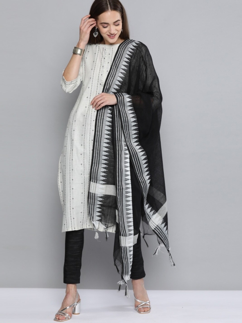 

Kvsfab Women White Striped Layered Pure Cotton Kurti with Trousers & With Dupatta