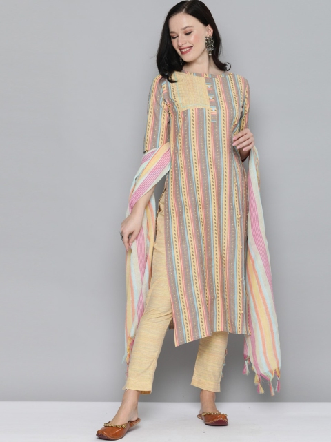 

Kvsfab Women Yellow Panelled Jacquard Pure Cotton Kurta With Trousers & Dupatta