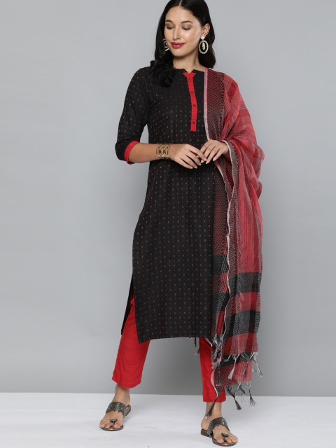 

Kvsfab Women Black Cotton Kurta with Trousers & With Dupatta