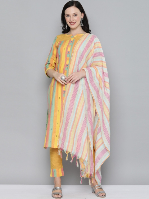 

Kvsfab Women Yellow Striped Regular Pure Cotton Kurta with Trousers & With Dupatta