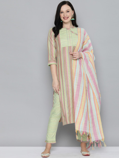 

Kvsfab Women Green Striped Panelled Pure Cotton Kurti with Trousers & With Dupatta