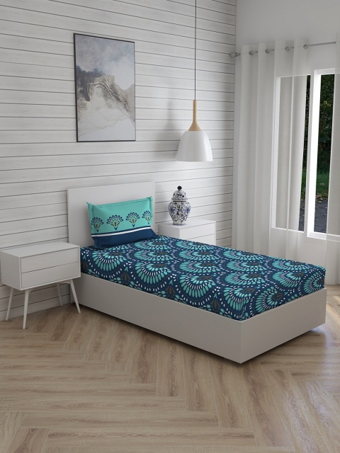 

Boutique Living India Teal & Navy Blue Floral 120 TC Single Bedsheet With1 Pillow Covers