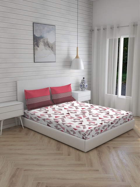 

Boutique Living India Pink Geometric 120 TC 1 Queen Bedsheet with 2 Pillow Covers, White