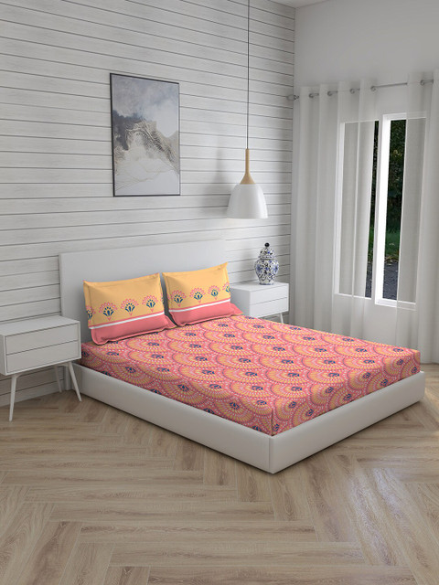 

Boutique Living India Pink & Yellow Cotton 120 TC Queen Bedsheet with 2 Pillow Covers