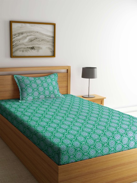 

KLOTTHE Green & White Printed Cotton 300 TC Single Bedsheet with 1 Pillow Covers