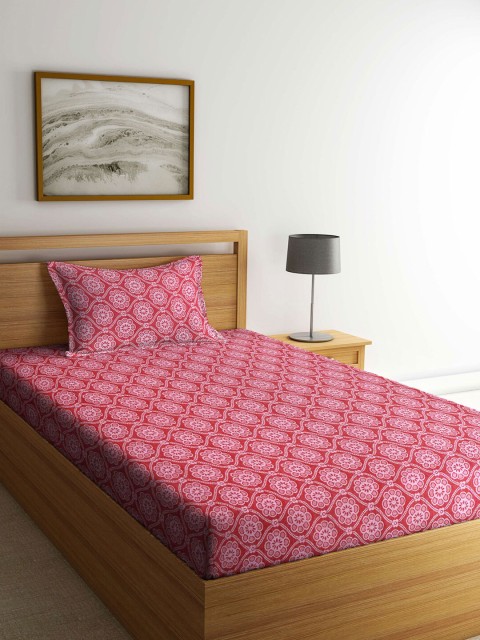

KLOTTHE Red & White Floral Cotton 300 TC Single Bedsheet with 1 Pillow Covers