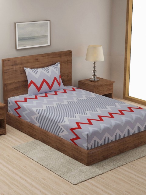 

KLOTTHE Grey & Red Geometric 210 TC Single Bedsheet with 1 Pillow Covers