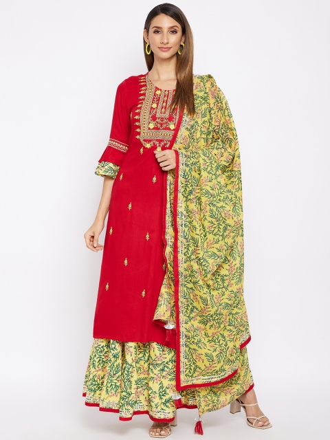 

Prakhya Women Red Floral Yoke Design Regular Kurta with Sharara & Dupatta