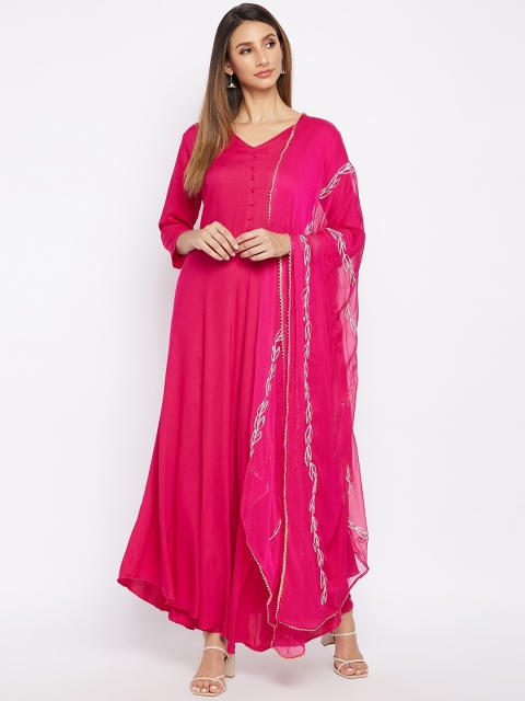 

Prakhya Women Pink Floor Length Kurta with Palazzos & Dupatta