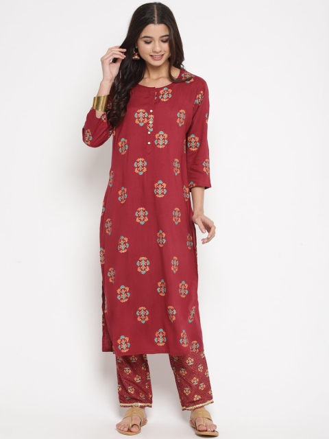 

Prakhya Women Maroon Ethnic Motifs Printed Regular Kurta with Trousers