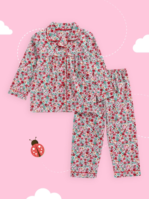 

mothercare Girls Red & Green Printed Pure Cotton Night suit