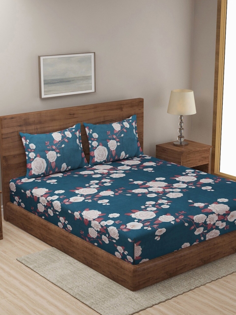 

KLOTTHE Blue & White Floral 210 TC King Bedsheet with 2 Pillow Covers