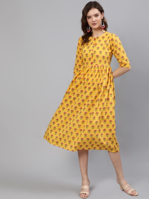 

AASI - HOUSE OF NAYO Yellow & Pink Ethnic Motifs A-Line Midi Dress