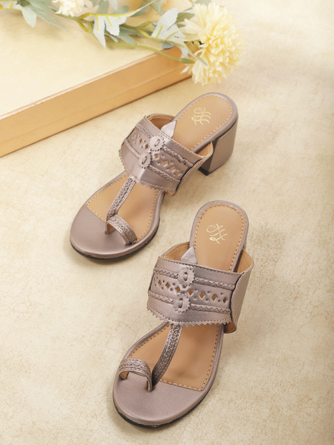 

House of Pataudi Bronze-Toned Leather Woven Design Block Sandals