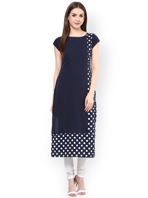 

Ives Women Navy Printed Straight Kurta, Navy blue