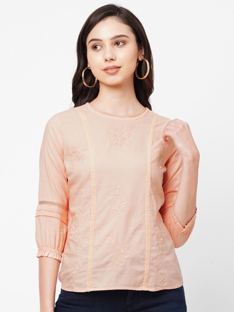 

Kraus Jeans Peach-Coloured Embroidered Regular Top