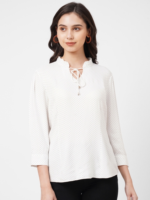 

Kraus Jeans Off White & Black Tie-Up Neck Regular Top