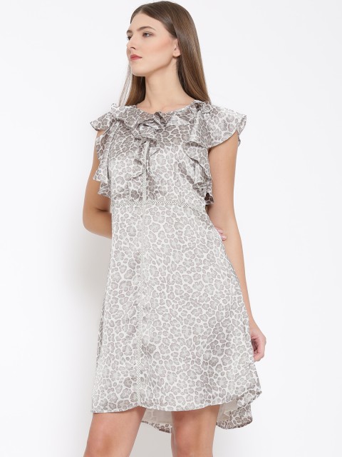 

RARE Women Off-White & Taupe Printed Satin Finish A-Line Dress