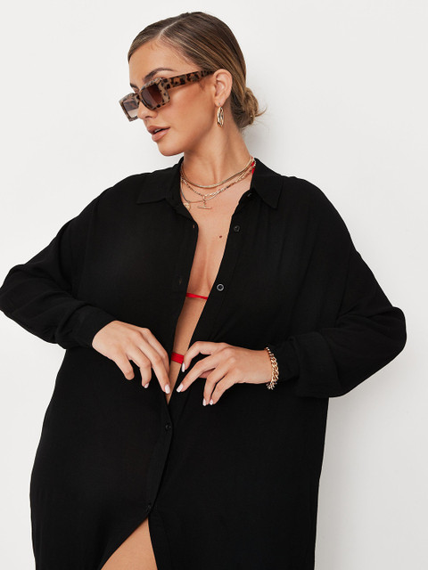 

Missguided Women Black Solid Beach Cover-Up Maxi Shirt Dress