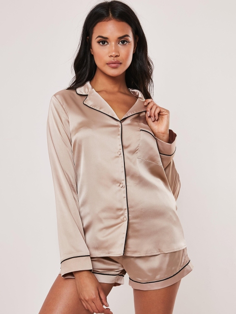 

Missguided Women Beige Solid Satin Finish Shorts Set