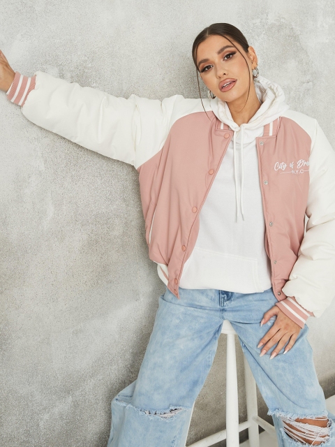 

Missguided Women Dusty Pink & White Solid Varsity Bomber Jacket with Applique Detail