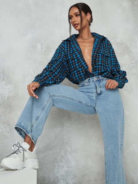 

Missguided Women Blue & Black Tartan Checked Opaque Oversized Longline Casual Shirt