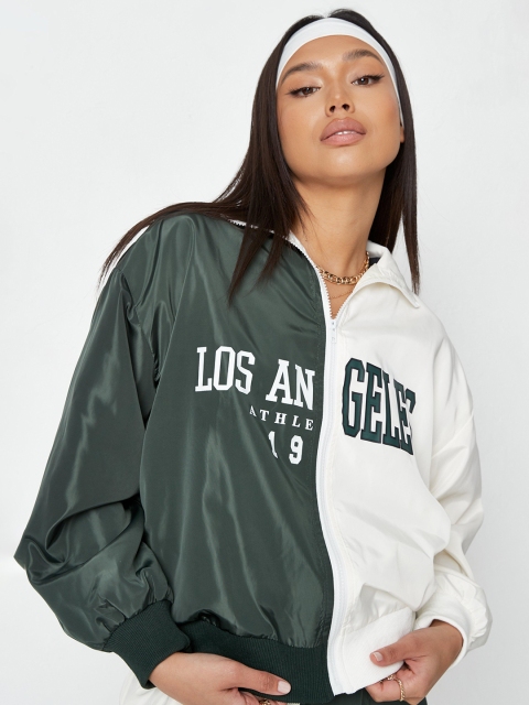 

Missguided Women Dark Green & White Typography Print & Colourblocked Bomber Jacket