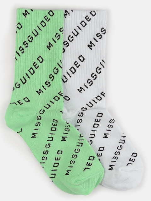

Missguided Women Pack of 2 Pure Cotton Brand Name Printed Calf-Length Socks, Green