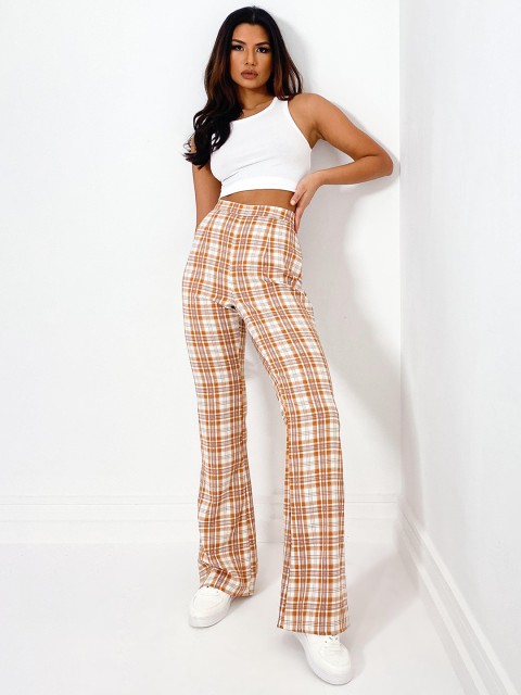 

Missguided Women Mustard Brown & White Checked Flared Trousers