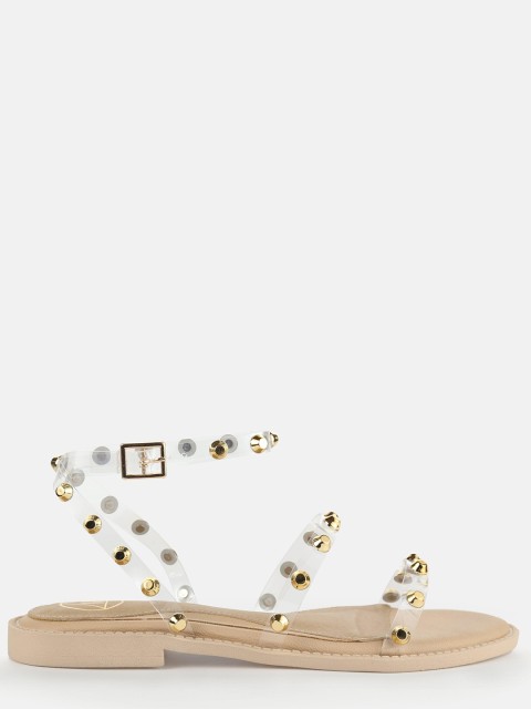 

Missguided Women Transparent & Gold-Toned Studded Open Toe Flats