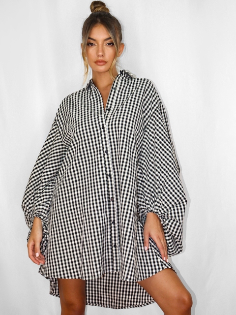 

Missguided Black & White Gingham Checked Oversized Cotton Trapeze Shirt Mini Dress