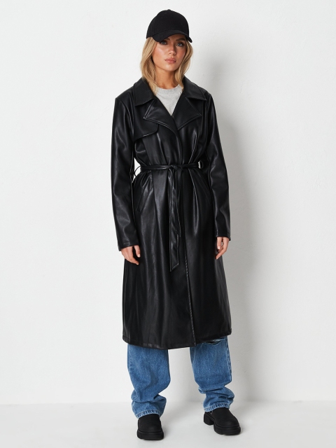 

Missguided Women Black Solid Font-Open Longline Trench Coat with Belt