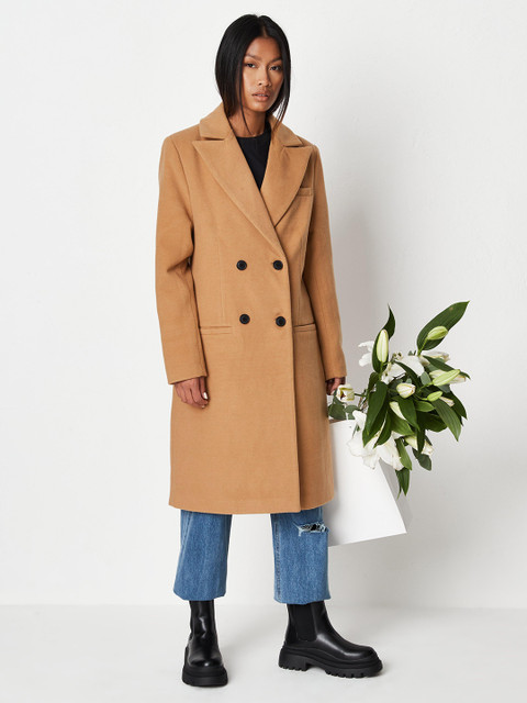 

Missguided Camel Brown Solid Slim-Fit Double Breasted Longline Overcoat