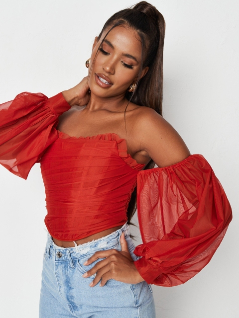 

Missguided Rust Red Solid Ruffled & Ruched Net Crop Corset Top