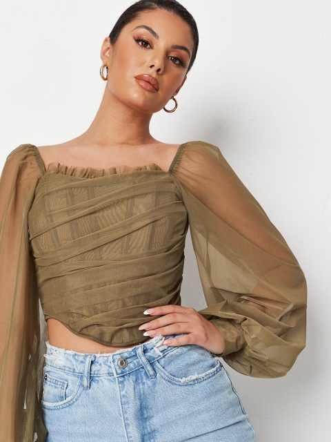 

Missguided Olive Green Solid Ruffled & Ruched Crop Corset Top