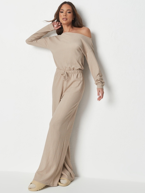 

Missguided Women Beige Solid One Shoulder Lounge Jumpsuit with Tie-Ups
