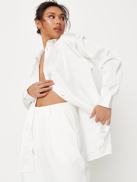 

Missguided Women White Solid Satin Finish Longline Oversized Casual Shirt