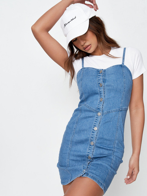 

Missguided Blue Solid Mini Denim Pinafore Dress