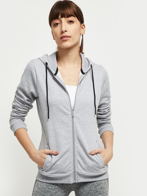 

max Women Grey Melange Solid Hooded Sweatshirt