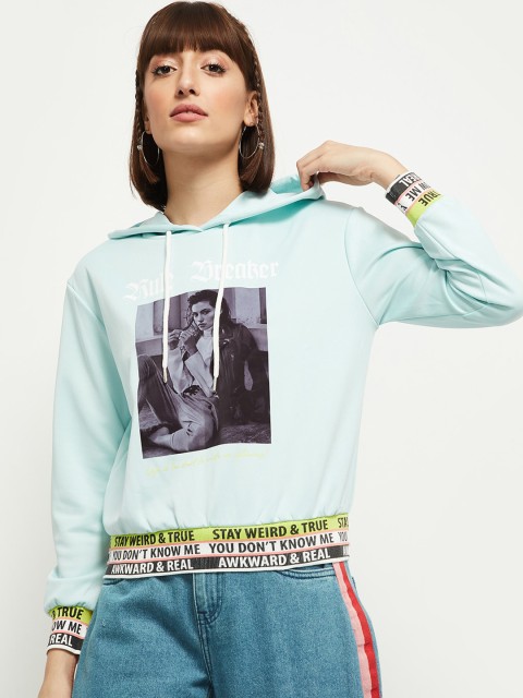 

max Women Blue & Black Graphic Printed Hooded Sweatshirt