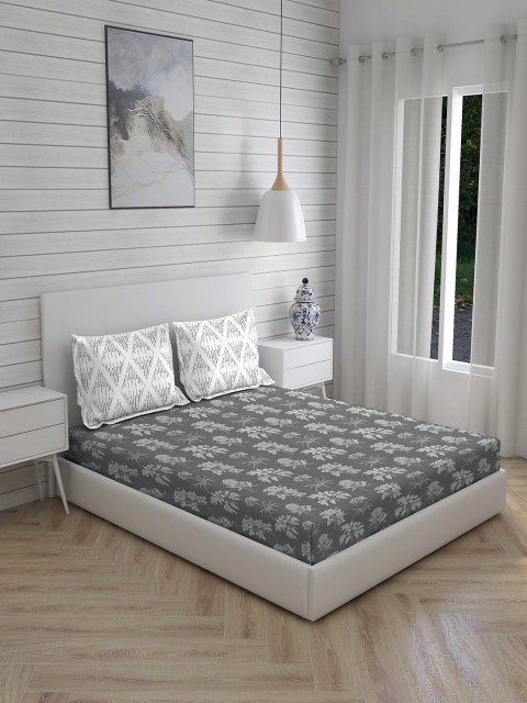 

Layers Grey & White Floral Printed Cotton 150 TC King Bedsheet with 2 Pillow Covers