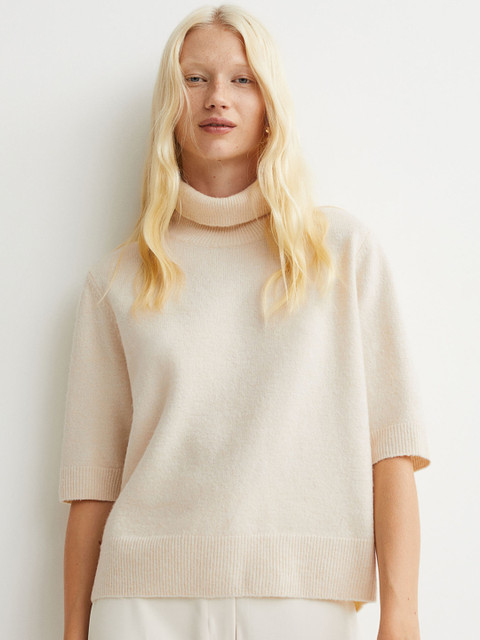 

H&M Women Beige Solid Short-Sleeved Polo-Neck Jumper