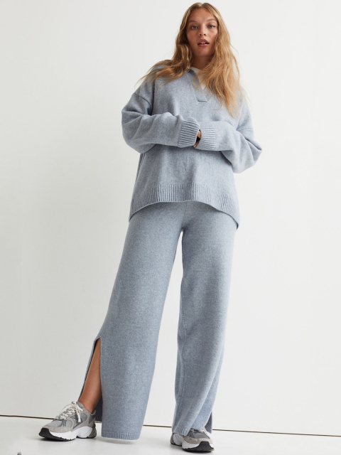 

H&M Women Blue Solid Slit-Hem Knitted Trousers