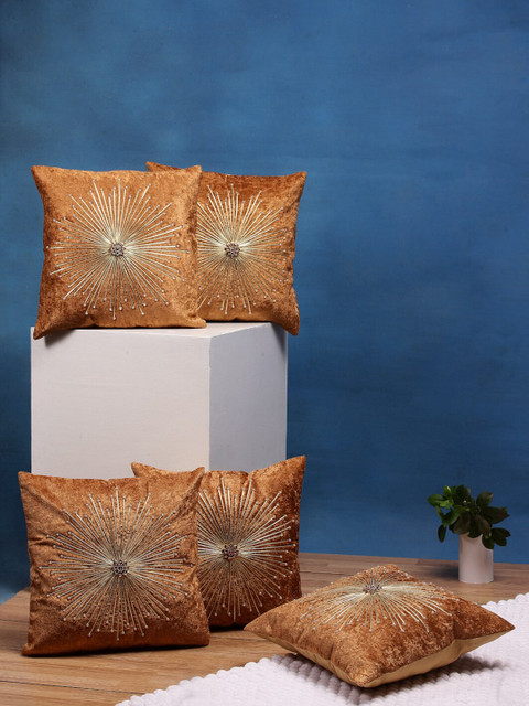 

DREAM WEAVERZ Coffee Brown & Gold-Toned Set of 5 Embroidered Square Cushion Covers