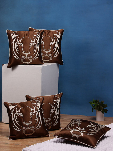 

DREAM WEAVERZ Brown & White Set of 5 Embroidered Satin Square Cushion Covers