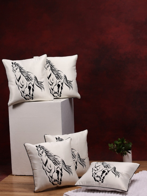 

DREAM WEAVERZ Set Of 5 White & Black Embroidered Satin Square Cushion Covers